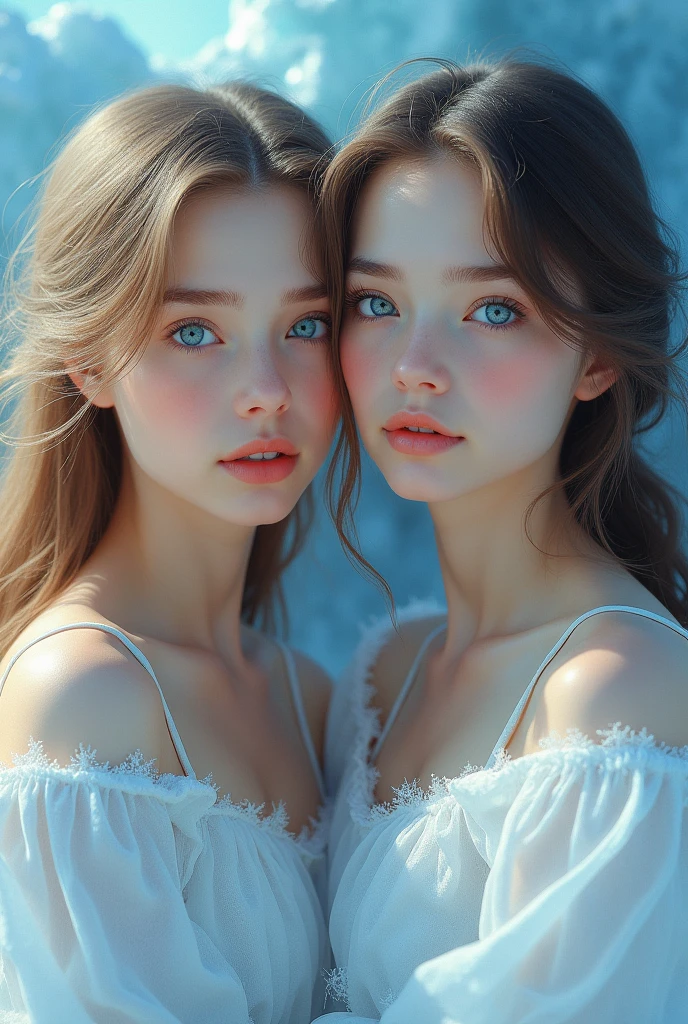 A beautiful western young 2 girl face shape 1:1.618 blue eye almond shape eyebrow fair red skin in ice place and brown blonde hair