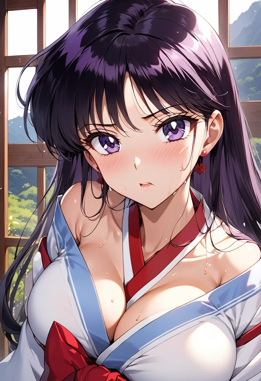 masterpiece, Highest quality, High resolution, (Rei Hino),1990s \(style\),Japanese clothing、kimono、valley,(D-cup beautiful breasts),tall,Small face,Sweating all over the body、Hosomi、(sexy),(Face writhing in pleasure)、Front configuration,arrogant look、Anime-style painting style,Black Hair、Long Hair,Composition focusing on the upper body,(独奏)