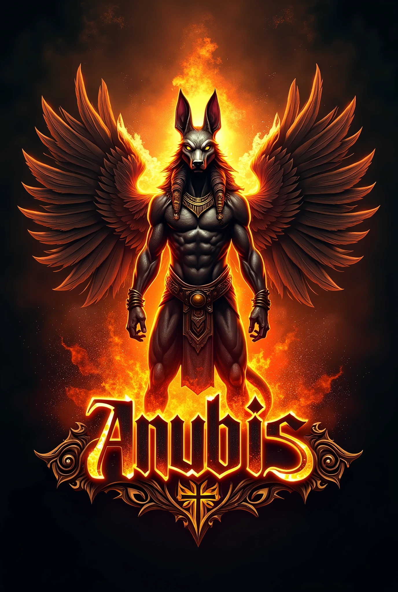 ((best qualityer)), ((work of art)), (detailded), create a gamer logo with the character egyptian god anubis, The logo must have a coat of arms with the character in front of the front bust, and the name written ANUBIS, Anubis has to be on fire epic dragon gamer style, the name ANUBIS the letter I must have the symbol of Anubis Ansata Cross in place of the letter I this symbol ☥