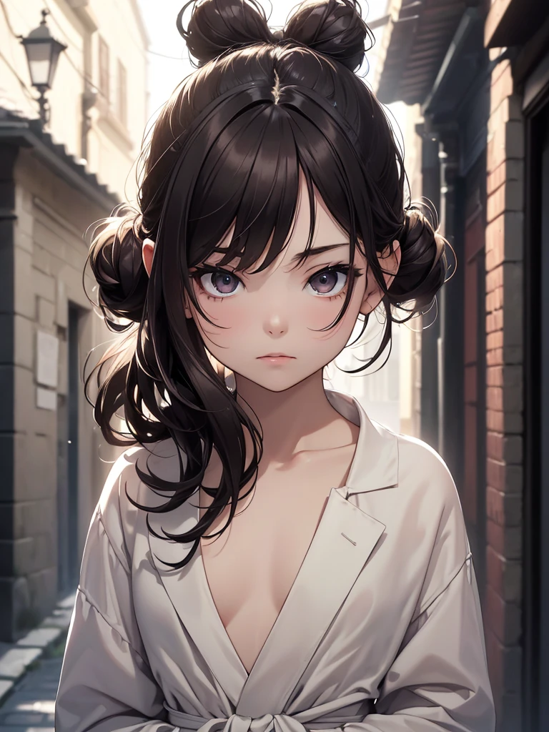 (8K, Best Quality, Masterpiece, Ultra High Resolution) Single Person, 1 Girl, , Young, Small Child, Cute Eyes, Face Details, Pale Skin, Slender, Short, Flat Chest, Dark Black Hair, Hair Bun, Brown Eyes, Hair Bow, Dark Alleyway, Best Quality, Upper Body, Looking at the Viewer, Facing Viewer, Close Up