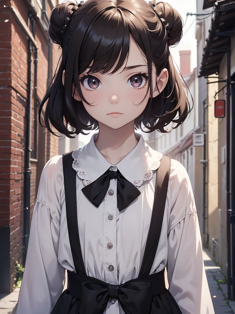 (8K, Best Quality, Masterpiece, Ultra High Resolution) Single Person, 1 Girl, , Young, Small Child, Cute Eyes, Face Details, Pale Skin, Slender, Short, Flat Chest, Dark Black Hair, Short Hair, Brown Eyes, Hair Bow, Dark Alleyway, Best Quality, Upper Body, Looking at the Viewer, Facing Viewer, Close Up