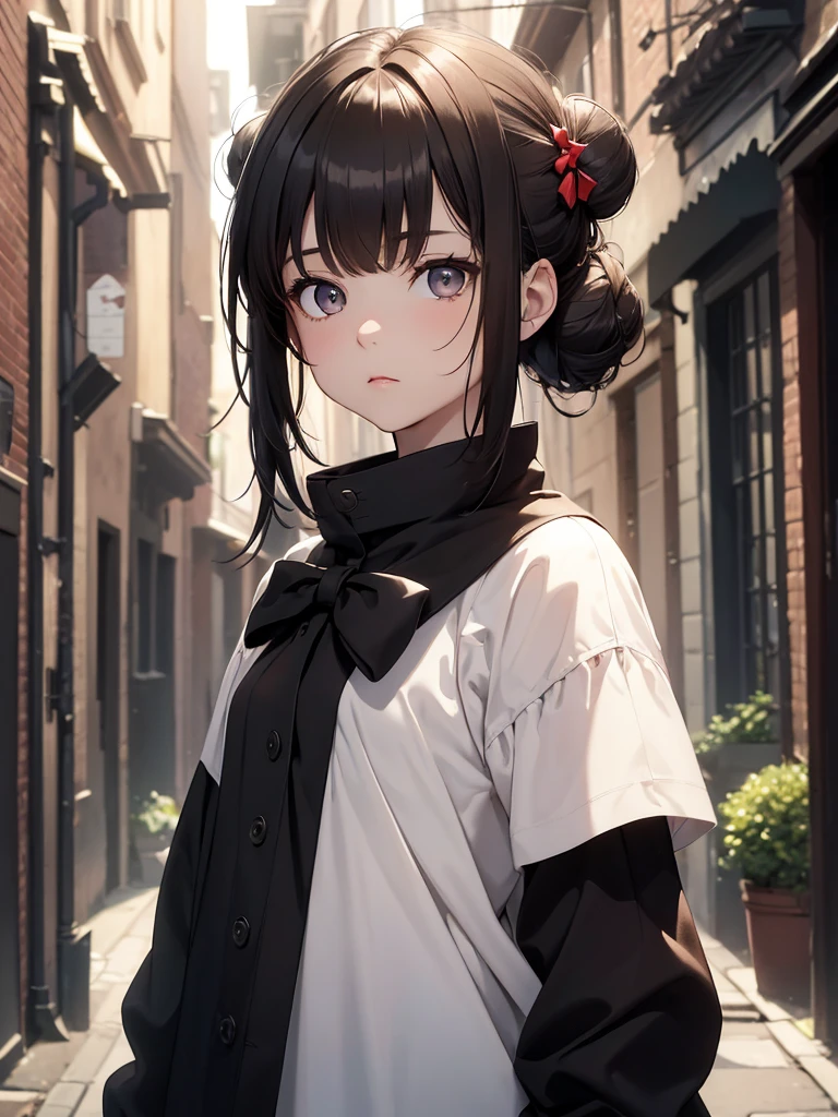 (8K, Best Quality, Masterpiece, Ultra High Resolution) Single Person, 1 Girl, , Young, Small Child, Cute Eyes, Face Details, Pale Skin, Slender, Short, Flat Chest, Dark Black Hair, Hair Bun, Brown Eyes, Hair Bow, Dark Alleyway, Best Quality, Upper Body, Looking at the Viewer, Facing Viewer, Close Up