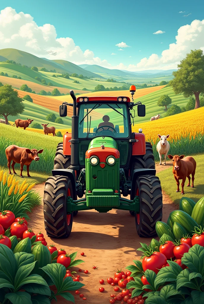 Generate a cover image for Facebook, The main idea is agronomy and livestock, It could be a tractor, background crops such as corn, tomato, cucumbers, avocado, wheat, etc and cattle like cows, pigs, horses, sheep
