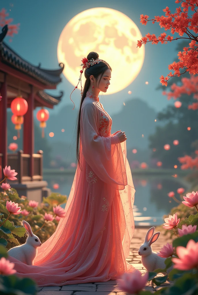 film grain, In the style of realistic photography with bright colors and high resolution., professional photography, A beautiful young woman in a stunning ancient hanfu, posing, surrounded by rabbit and flowers under the full moonlight, house grounds with lotus lake and garden background, mid-autumn festival theme, red lanterns, Giant mid-autumn lantern model
