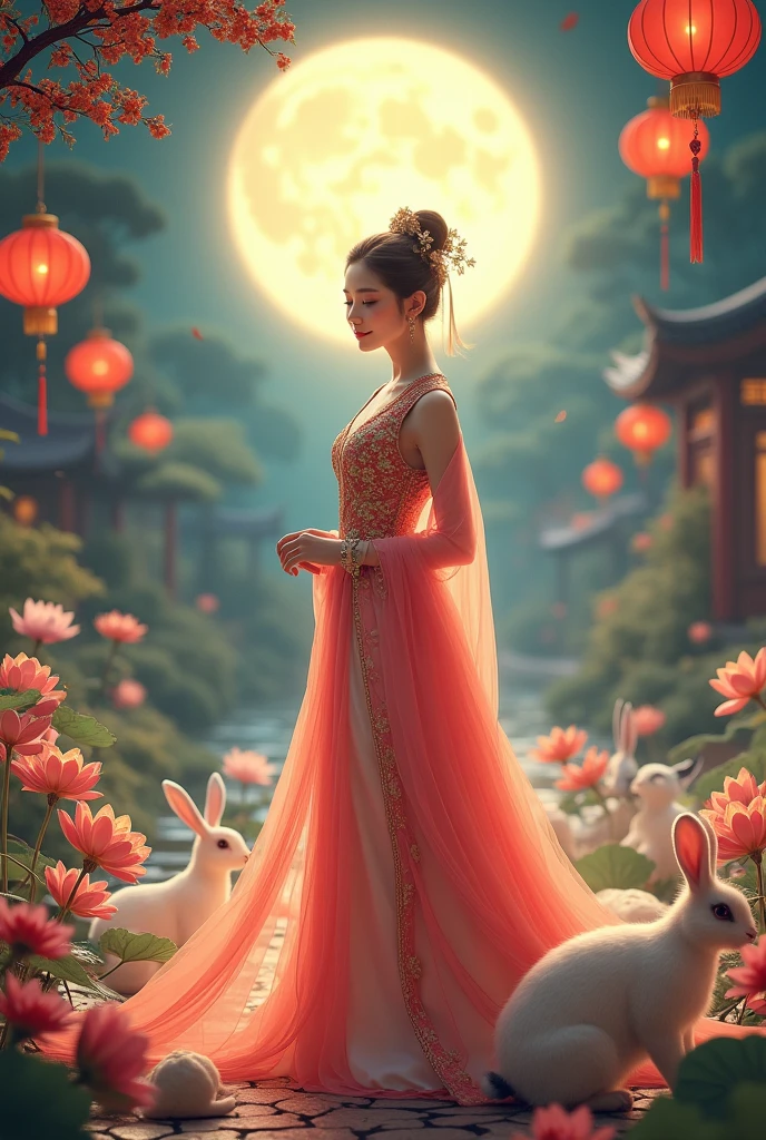 film grain, In the style of realistic photography with bright colors and high resolution., professional photography, A beautiful young woman in a stunning ancient hanfu, posing, surrounded by rabbit and flowers under the full moonlight, house grounds with lotus lake and garden background, mid-autumn festival theme, red lanterns, Giant mid-autumn lantern model