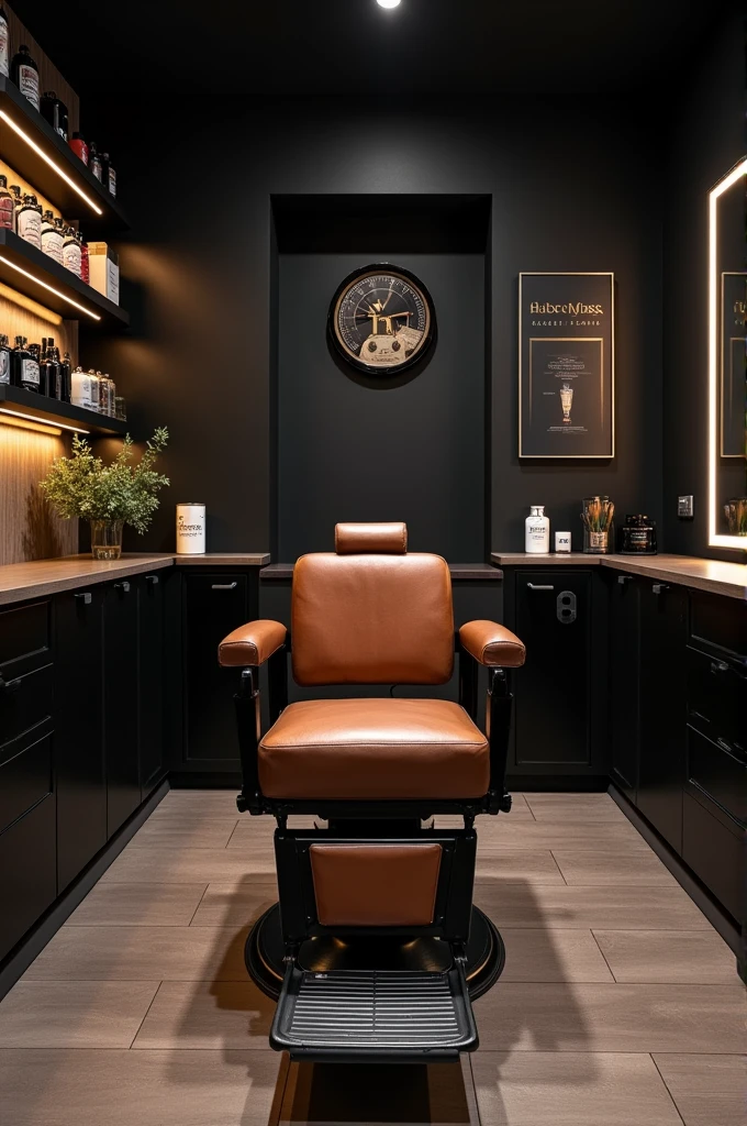 Start a barbershop business,  7 meters wide *3 meters deep..black color, where there are clothes, a refrigerator and shelves for products...

The chair is brown, conovina, Give priority to the space where haircuts are done