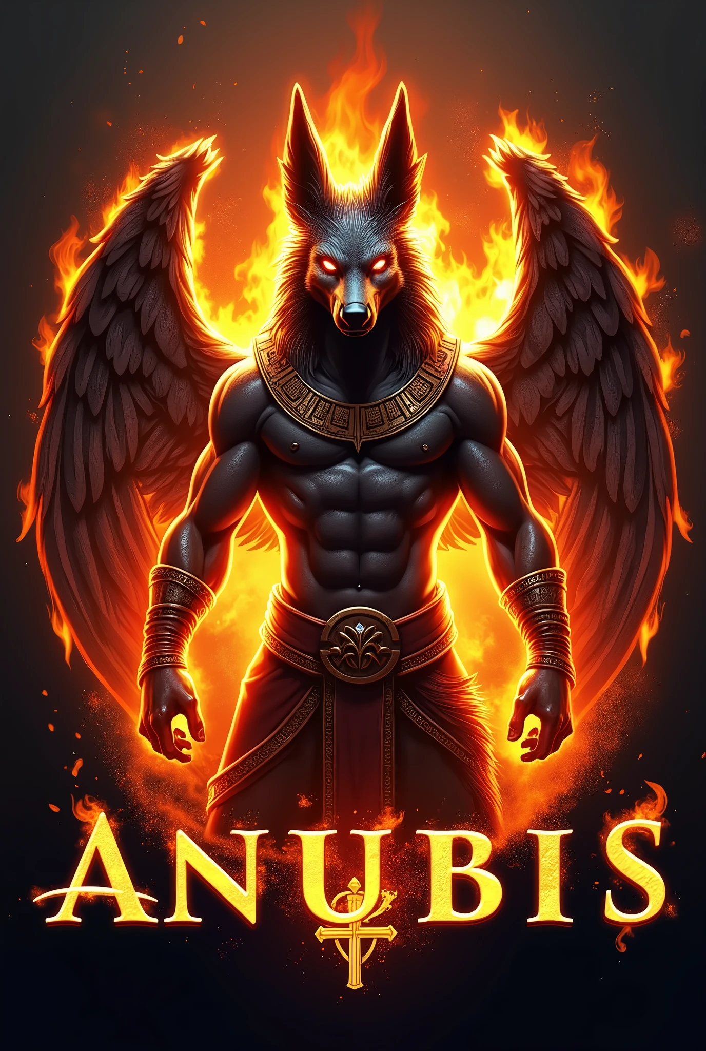 ((best qualityer)), ((work of art)), (detailded), create a gamer logo with the character egyptian god anubis, The logo must have a coat of arms with the character in front of the front bust, and the name written ANUBIS, Anubis has to be on fire epic dragon gamer style, the name ANUBIS the letter I must have the symbol of Anubis Ansata Cross in place of the letter I this symbol ☥