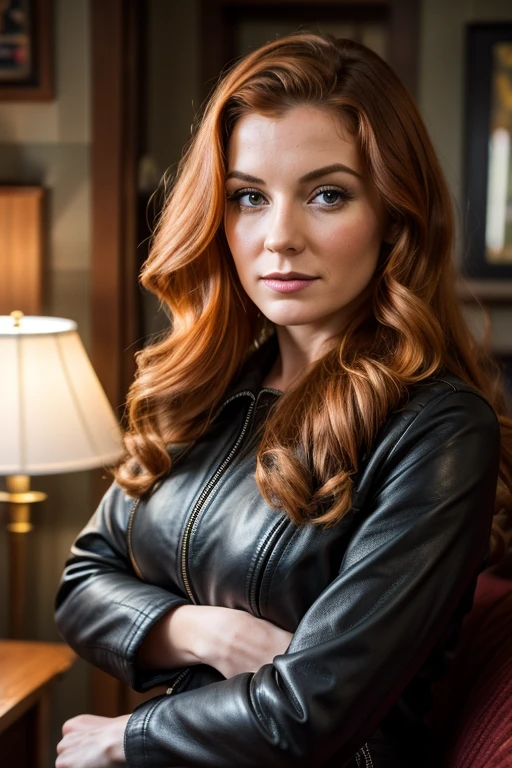 Medium view, of young aged, 30 year old, milf, irish woman, face portrait, irish features,long hair, ginger hair, 1940s hair style, 1940s clothing, black 
leather jacket, in cozy fjord home 1936, sweaty