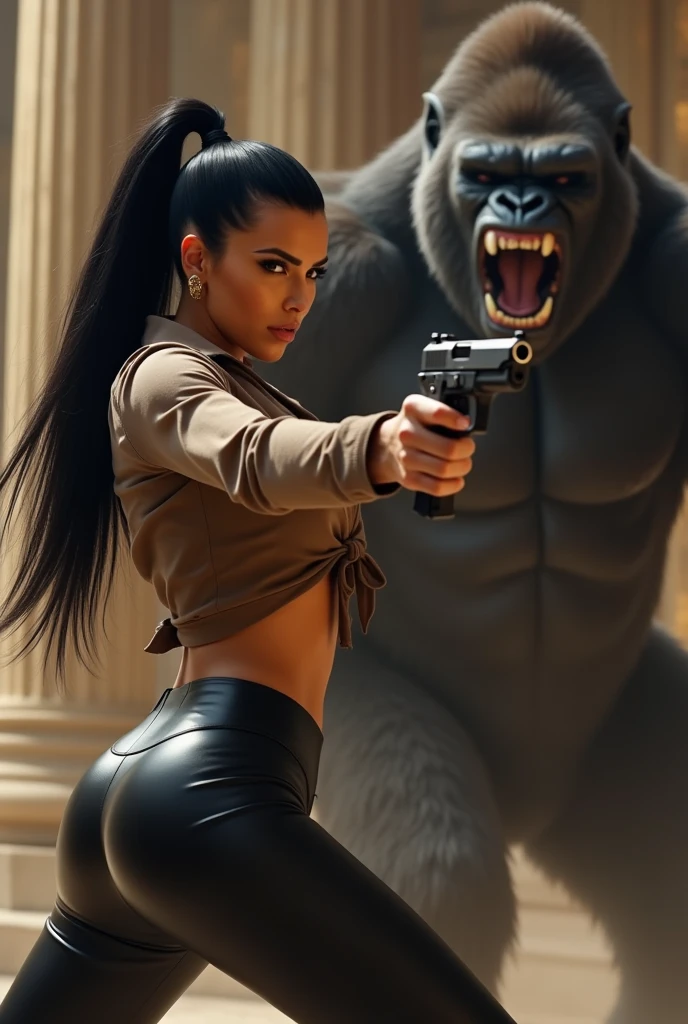 Kim Kardashian with long straight black hair in a ponytail in a brown shirt and buttons with sleeves and not belly-free, generous cleavage,in very tight black leather pants , she aims a gun at someone, in a temple, Behind her a gorilla attacks her with an open mouth and sharp teeth , the gorilla swings a fist at her