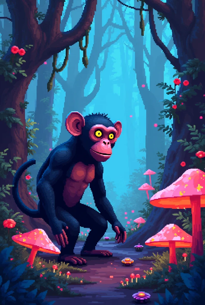 Pixelated Futuristic monkey in forest with neon lights