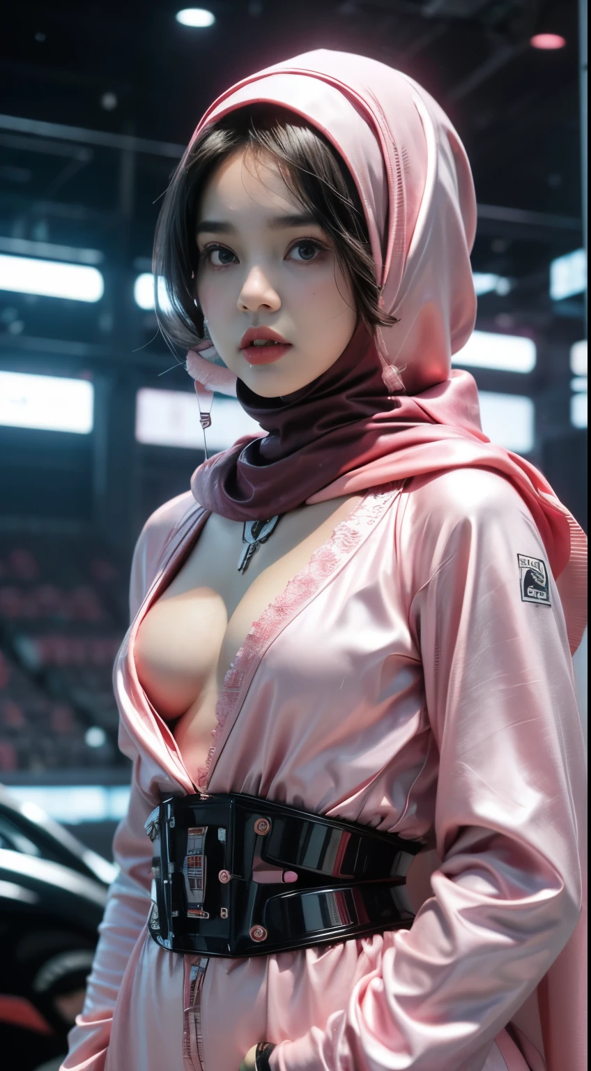 (Wearing Kamen Rider Ark), Very cute and baby-like face, Power puff girl, Naked, Angry pose, Angry face, (((PINK CLOTHING HIJAB SATIN  MALAY GIRL))), masutepiece, High quality, UHD 45K, Realistic face, Realistic skin feeling , A Japanese Lady, , , Very cute and baby-like face, (((SMALL BREASTS))), (((VISIBLE CLEAVAGE))), (MATRIX WORLD), ((look In front at the camera and SADNESS)), with Kamen Rider fashion, ((PINK BLACK MECHA SUIT)), captured in ultra high resolution with photorealistic and beautiful lighting. (((CUTE GIRL))), ((RED LIPS)), ((NUDE)), ((CHUBBY)), ((MECHANICAL ROBOT GIRL)). Malay girl wearing pink black Mechanical costume girl in the middle of the toll road