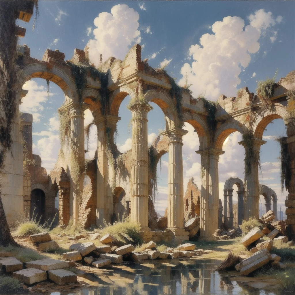 GB,sight,sky,afternoon,outdoors,water,ruins,reflect,blue sky,cloud,pillar,desert,