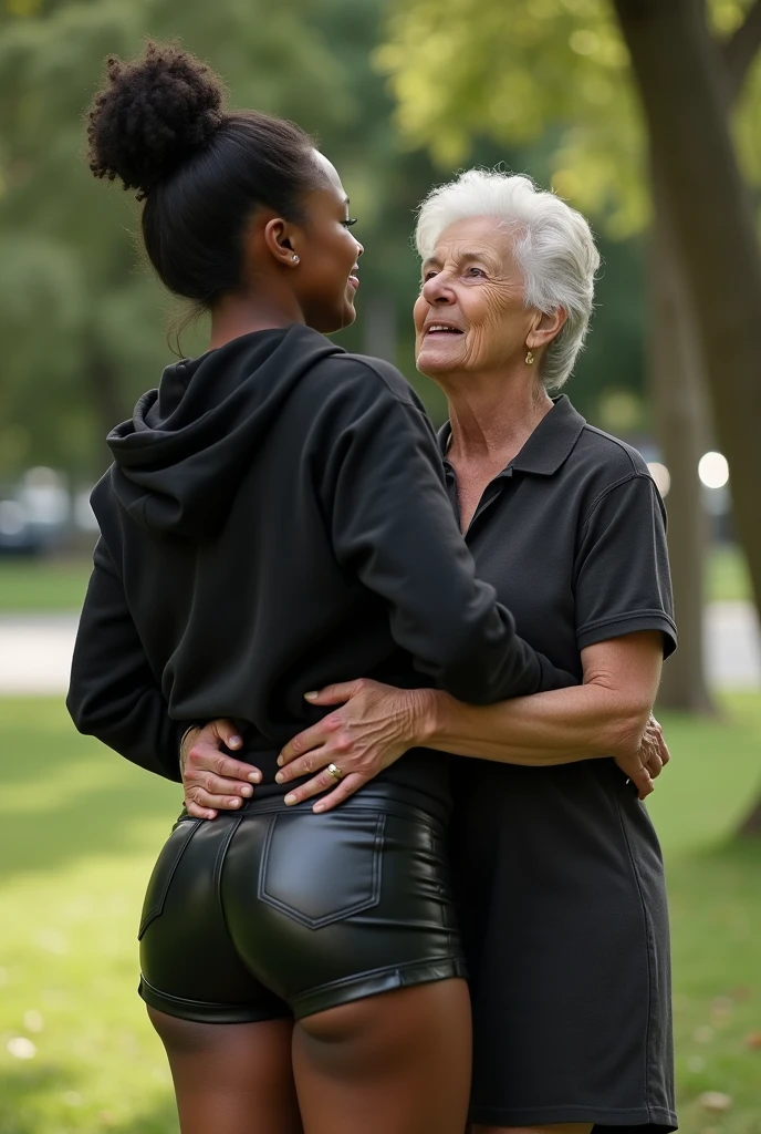 black woman hair in a bun black hoodie black leather short shorts bending over getting fucked in the ass by a old ugly woman in a dress in a park