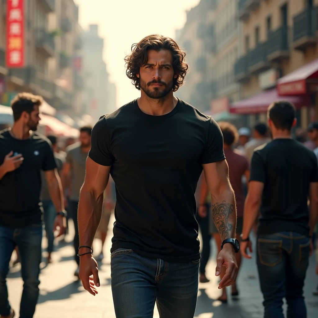Handsome young man with shoulder length curly hair,thin sideburns,muscular macho body,walking in the crowd,wearing a black t-shirt,and sports shoes,HD ,Realistic