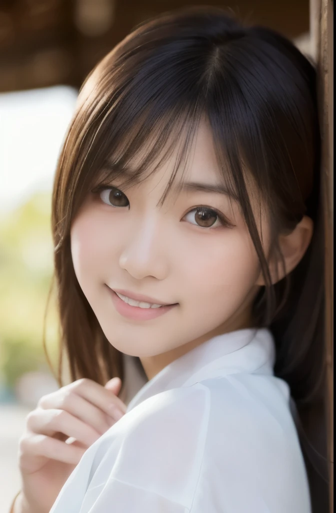 best quality, face focus, soft light, ultra high res, (photorealistic:1.4), RAW photo,(Shinozaki Ai), (fair skin),
1 Japanese girl, solo, cute, smile, (pupil, lights in the eyes), detailed beautiful face, (high resolution detail of human skin texture),long hair,(portrait), upper body, Japanese white kimono, High school girl