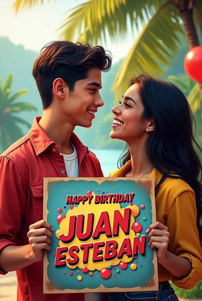 A young man with light brown skin and dark reddish brown eyes , a little muscular and short hair happy called Juan Esteban Gutiérrez Ortiz because in front of him is his friend Danna with dark skin, dark brown eyes and very long hair down to her tail (women) young man holding a sign that says "Happy birthday Juan Esteban ♡" that they look at each other's faces with joy and in the background there is a landscape that represents that joy and that they have a nice matching outfit , but they look younger and the boy is like flirtatious and with hair a little shorter And the young girl looks a little younger with a submissive face, Well, they are looking slightly at the camera here in front. , This image is perfect, I need the poster to be more colorful and happy and what it says "Happy birthday Juan Esteban" This one with degraded and very epic letter and that they look towards my first perspective, The young Juan boy is slightly muscular and with the hair on top a little shorter, They both look around 15 years old, Perfect, I need the young man's hair to be shorter on the top of the man's head. I need them to be a little younger, about ., but they are holding the epic poster