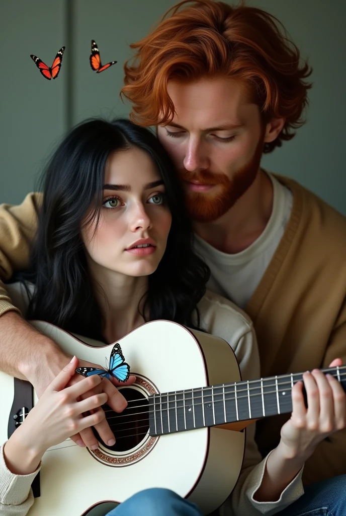 Black haired woman and red haired man, both with green eyes, woman sitting with a guitar in her hands playing, the white guitar with big butterflies drawn on the guitar, blue and red and man behind her helping her play the guitar, both happy and in love, happy and eternal love, They hyperrealistic big 20 year olds and the 2 man beautiful and casual clothes, bearded and handsome man, HYPERREALISTIC 4k ((ultra realistic))) Photo, masterpiece, top quality, (Pale skin), (Ultra detailed face and eyes.:1.3), 1 girl, And Adult Boy 