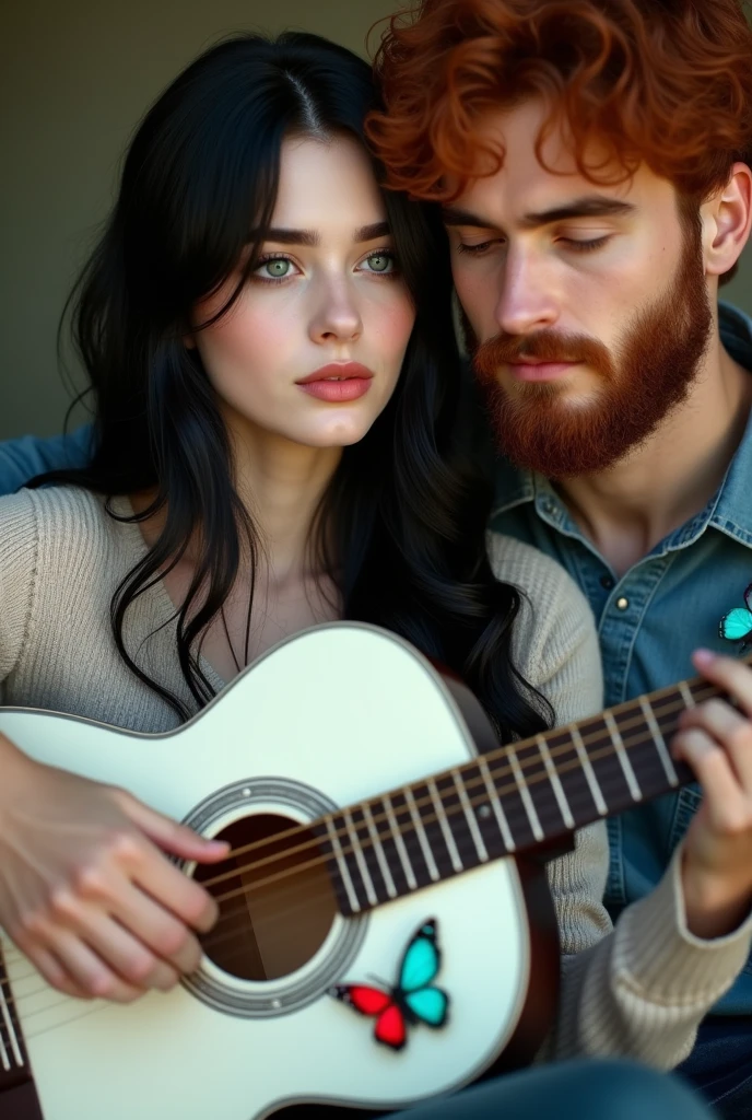 Black haired woman and red haired man, both with green eyes, woman sitting with a guitar in her hands playing, the white guitar with big butterflies drawn on the guitar, blue and red and man behind her helping her play the guitar, both happy and in love, happy and eternal love, They hyperrealistic big 20 year olds and the 2 man beautiful and casual clothes, bearded and handsome man, HYPERREALISTIC 4k ((ultra realistic))) Photo, masterpiece, top quality, (Pale skin), (Ultra detailed face and eyes.:1.3), 1 girl, And Adult Boy