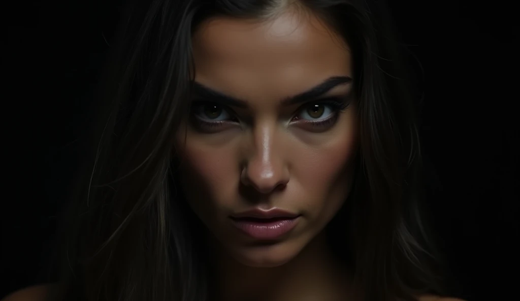 (masterpiece, best quality:1.2), (8K HD, ultra-realistic, hyper-detailed:1.3), a close-up shot of a fierce-looking woman with sharp, intense eyes, staring directly at the camera with confidence. She has long, straight hair, slightly tousled, framing her face. Her expression is bold and unyielding, as if challenging the viewer. The background is dark, almost black, making her face and features stand out dramatically under a focused, strong light. The lighting casts deep shadows, highlighting the contours of her face, giving her a powerful and intimidating presence. The overall mood is intense, with a sense of defiance and empowerment.
