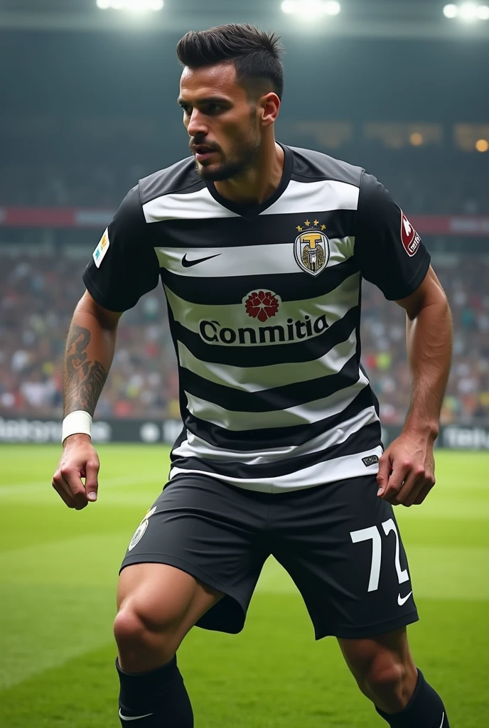 player, showing horizontal striped football shirt ,black and white Number:72 Name: Thiago