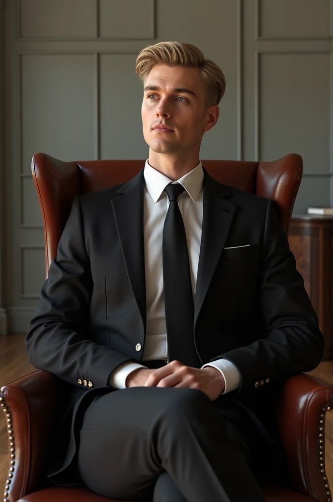 A 2 man has blond hair, is wearing a black suit, is sitting in a chair