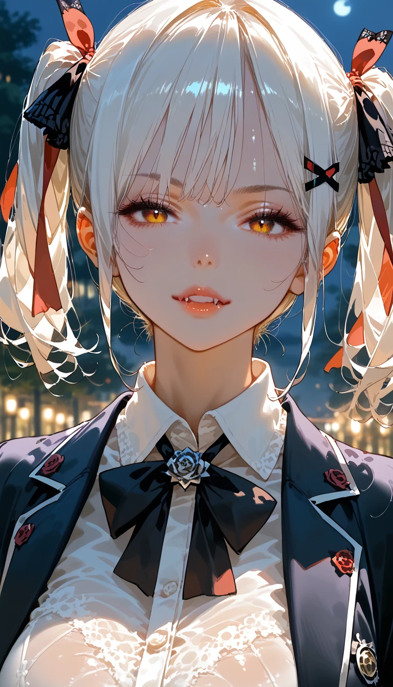 score_9, score_8_up,score_7_up,masterpiece, best quality, perfect anatomy, very aesthetic, official art, 8k,source_anime,2D, megami magazine, rating_safe ,1girl,shiny skin ,gleaming skin,seductive face,eyelashes,lips gloss, vampire_girl, fangs,huge_breasts,short bob hair,twintails, white hair ,hairclip,gothic ta,school uniform, jacket ,cowboy shot,night,school