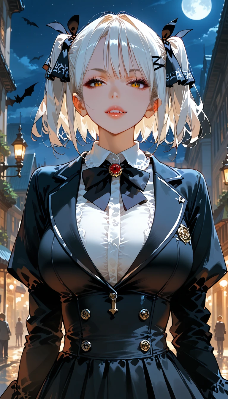score_9, score_8_up,score_7_up,masterpiece, best quality, perfect anatomy, very aesthetic, official art, 8k,source_anime,2D, megami magazine, rating_safe ,1girl,shiny skin ,gleaming skin,seductive face,eyelashes,lips gloss, vampire_girl, vampire fangs,huge_breasts,short bob hair,twintails, white hair ,hairclip,gothic ta ,cowboy shot,night,moon,ruins