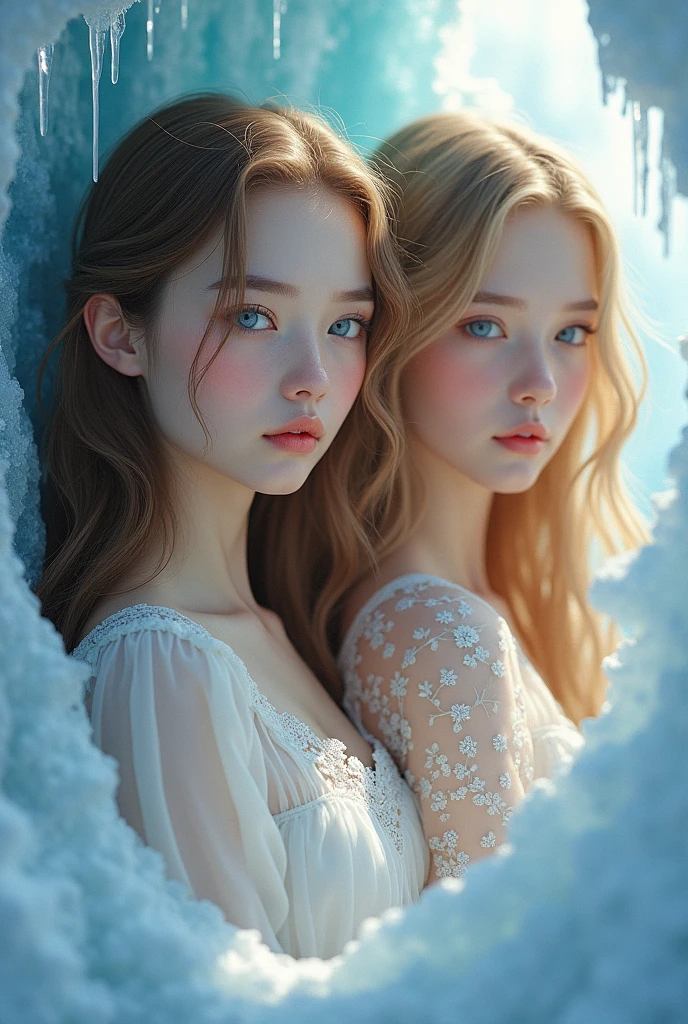 A beautiful western young 2 girl  face shape 1:1.618 blue eye almond shape eyebrow fair red skin in ice place and brown blonde hair 