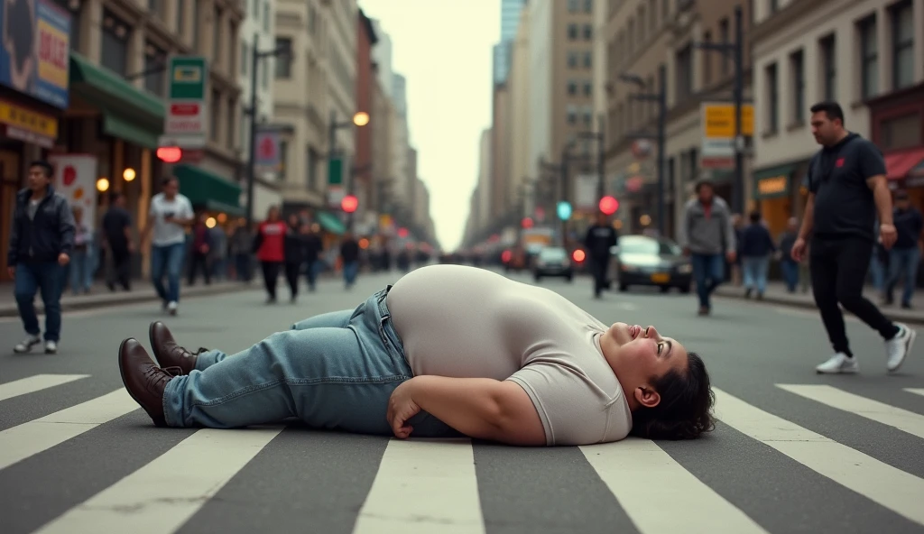 A fat man lies on his back like a on the street and people walk