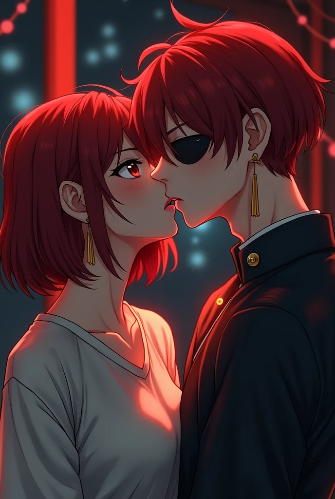 a boy,high school,handsome,dark eyepatch on right side,no bangs,dark red hair color,very short bob hair,double-edged eyelid,smart,wear Japanese gakuran,inner wear is cheongsam t-shirt,angry,cool,gold tassel earrings,during kissing deeply