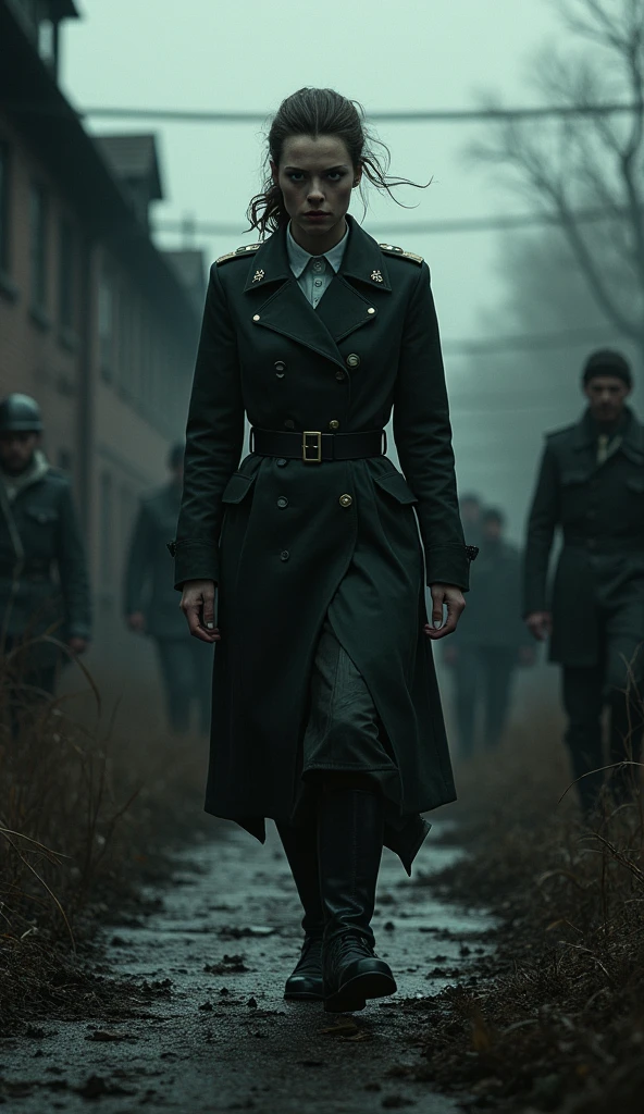 "A nightmarish image of Irma Grese walking among prisoners, her presence alone causing terror, the atmosphere heavy with despair, the Auschwitz barracks looming behind."