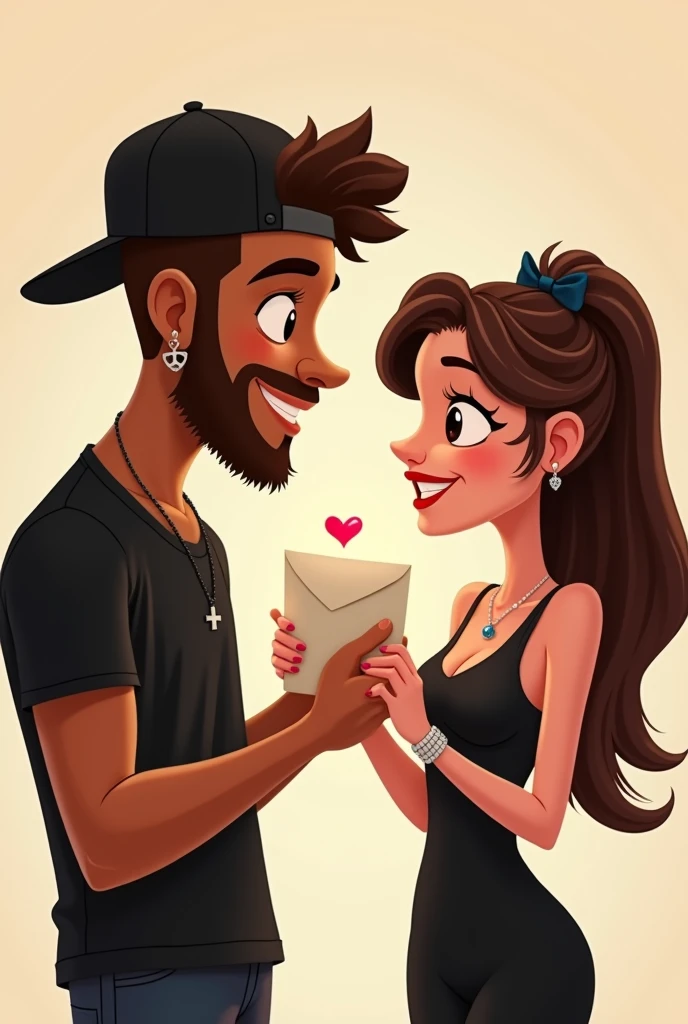 Create a cartoon of two lovers, she holding the letter (and) and he holding the letter (It is)The one with cinnamon skin and muscular, with earrings and a backwards cap and a short, well-defined beard, she with a bow in her hair, both dressed in black.