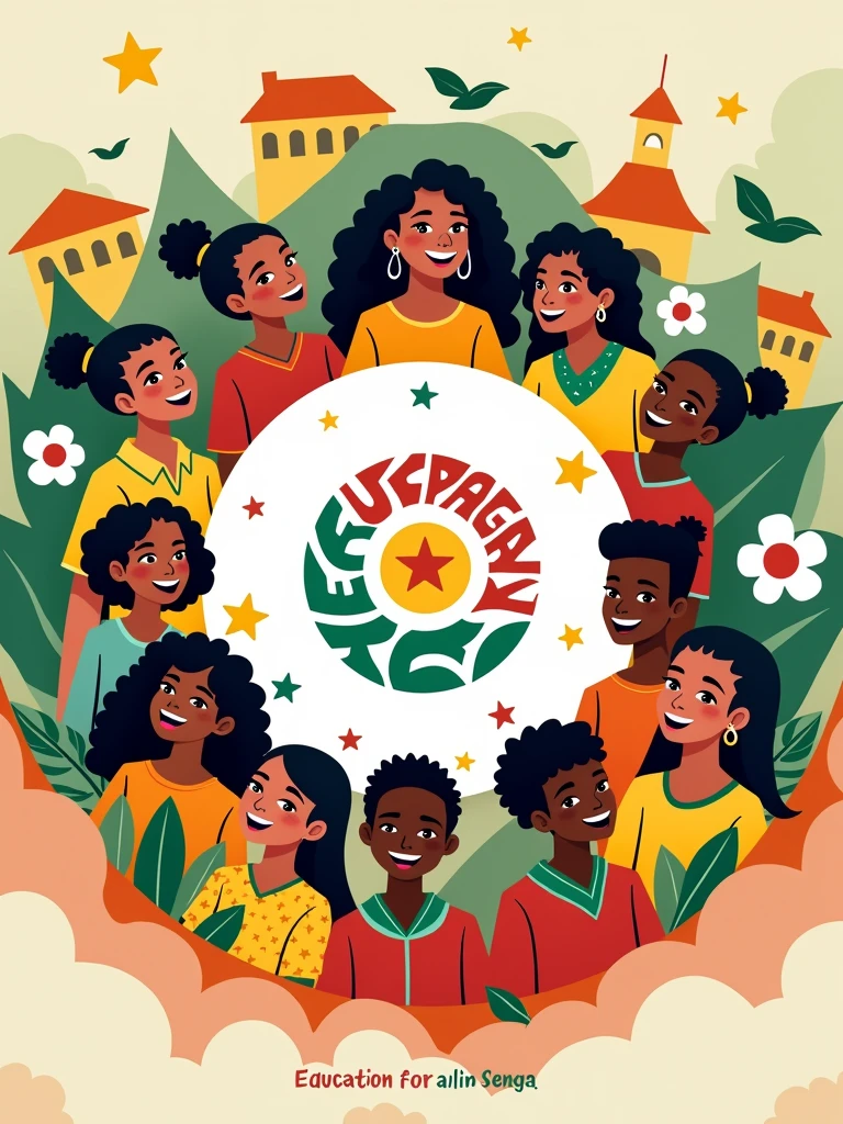 A colorful and dynamic promotional image for Edupatar sine.com, a Senegalese education group. In the center, a large stylized logo combining traditional Senegalese elements and modern educational symbols. Around the logo, smiling Senegalese students of different ages, some wearing school uniforms, others in casual clothes. In the background, a mix of modern school buildings and traditional Senegalese architecture. Icons representing different subjects (mathematics, science, literature) float around the students. A map of Senegal is subtly integrated in one corner. The colors of the Senegalese flag (green, yellow, red) are used predominantly. The slogan "Education for all in Senegal" appears at the bottom of the image in French and Wolof.