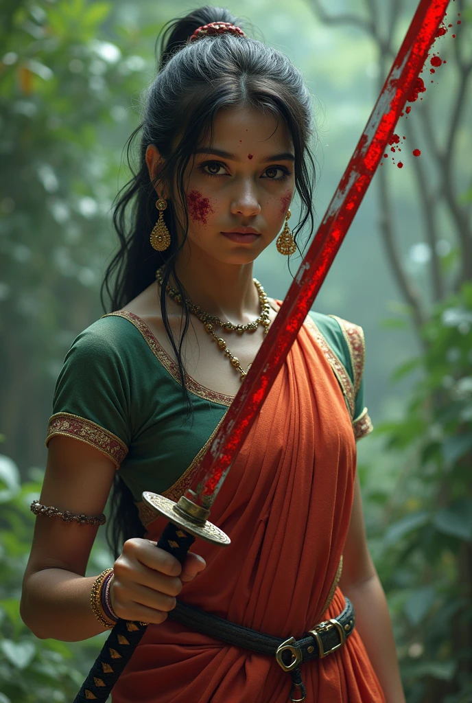 Kerala girl in traditional dress, in hand a katana with blood and her face with blood 