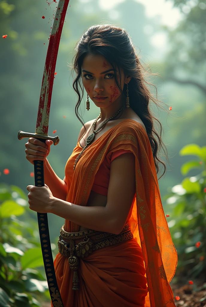 Kerala girl in traditional dress, in hand a katana with blood and her face with blood