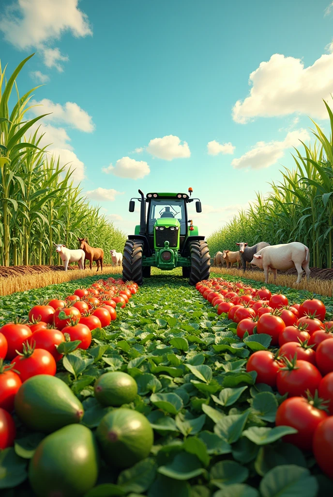 Generate a horizontal Facebook cover image, The main idea is agronomy and livestock, It could be a tractor, background crops such as corn, tomato, cucumbers, avocado, wheat, etc and cattle like cows, pigs, horses, sheep
