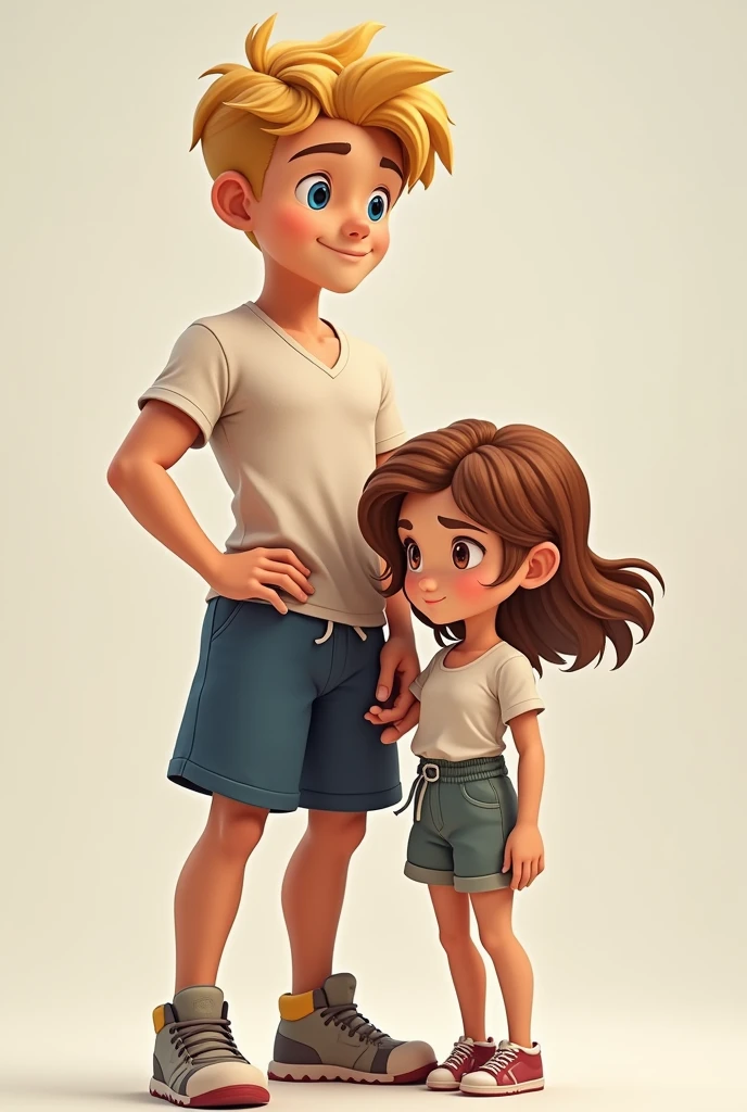 An athletic boy with blond hair of 1.83 tall next to a girl.70 tall, white, Brown hair