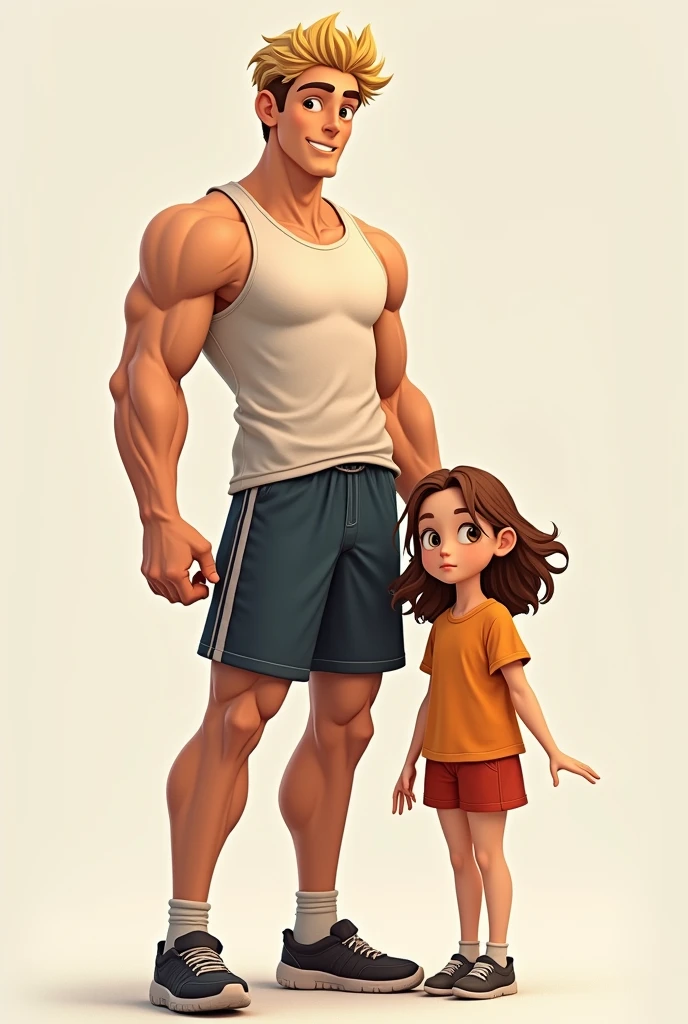 An athletic boy with blond hair of 1.80 tall 2 next to a girl.70 tall, white, 2 brown hair