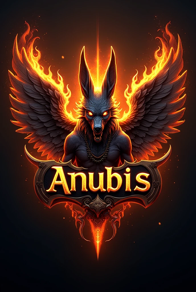 ((best qualityer)), ((work of art)), (detailded), create a gamer logo with the character egyptian god anubis, The logo must have a coat of arms with the character in front of the front bust, e o nome escrito ANUB☥S, Anubis has to be on fire epic dragon gamer style., and anubis has to look bad