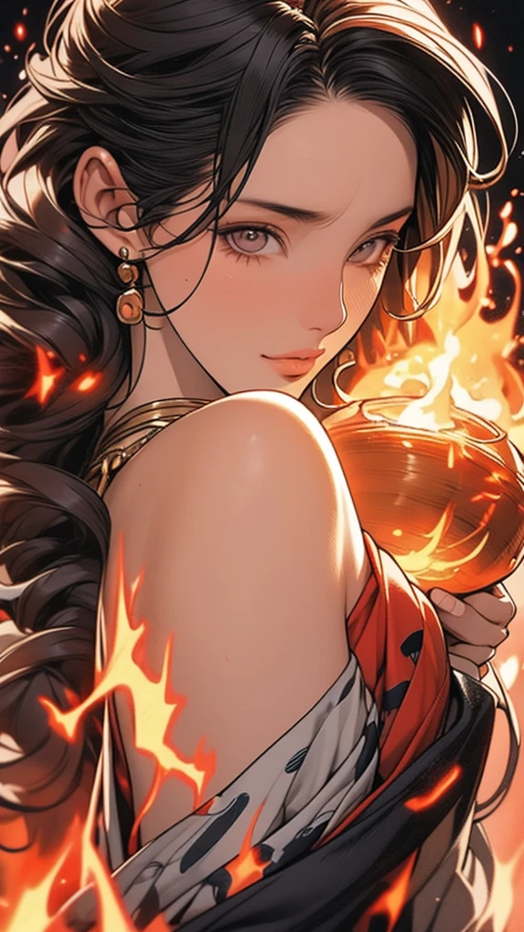 Goddess Of Fire Hawaiian,Hair Made Of Fire ,Solo,1Girl, Masterpiece Beautiful Face Elegant Eye's