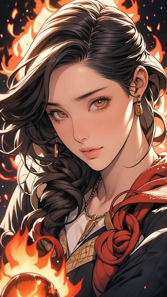 Goddess Of Fire Hawaiian,Hair Made Of Fire ,Solo,1Girl, Masterpiece Beautiful Face Elegant Eye's