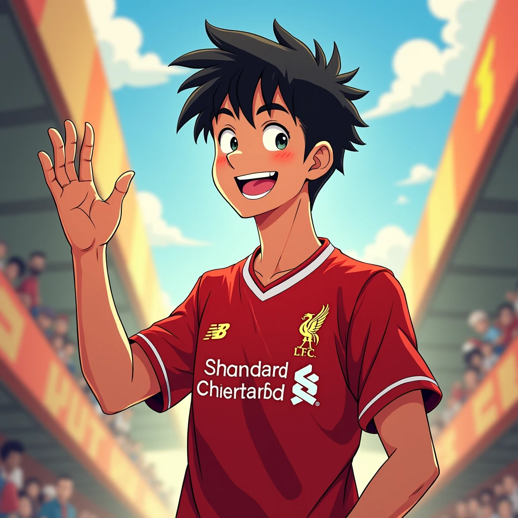 Handsome young man smiles in Toriyama Akira style, raises his hand in greeting and wears a Liverpool shirt. standing in cartoon style illustration High quality, detailed and colorful dynamic photography. Colorful realistic poses.