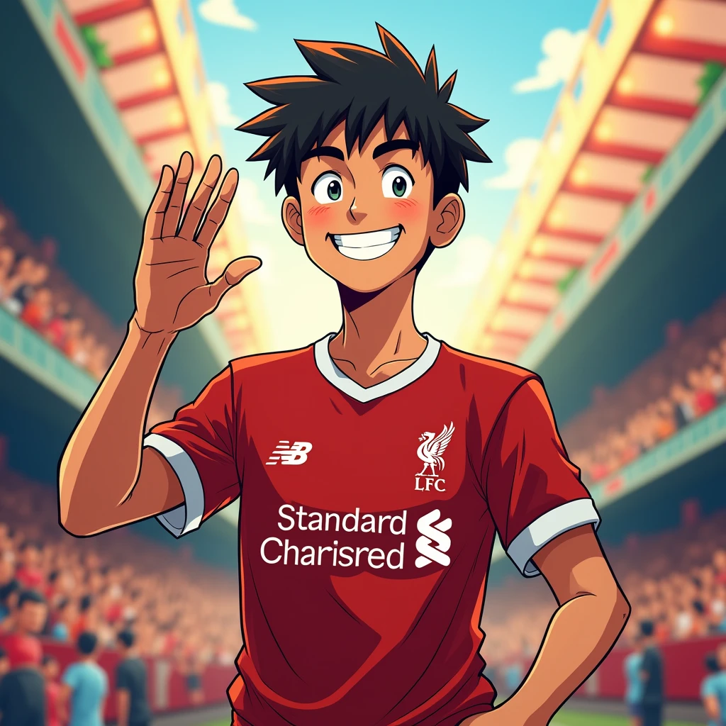 Handsome young man smiles in Toriyama Akira style, raises his hand in greeting and wears a Liverpool shirt. standing in cartoon style illustration High quality, detailed and colorful dynamic photography. Colorful realistic poses.