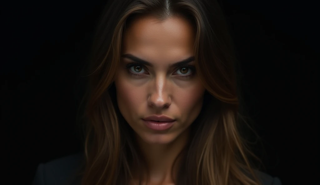 (masterpiece, best quality:1.2), (8K HD, ultra-realistic, hyper-detailed:1.3), a close-up shot of a fierce-looking woman with sharp, intense eyes, staring directly at the camera with confidence. She has long, straight hair, slightly tousled, framing her face. Her expression is bold and unyielding, as if challenging the viewer. The background is dark, almost black, making her face and features stand out dramatically under a focused, strong light. The lighting casts deep shadows, highlighting the contours of her face, giving her a powerful and intimidating presence. The overall mood is intense, with a sense of defiance and empowerment.