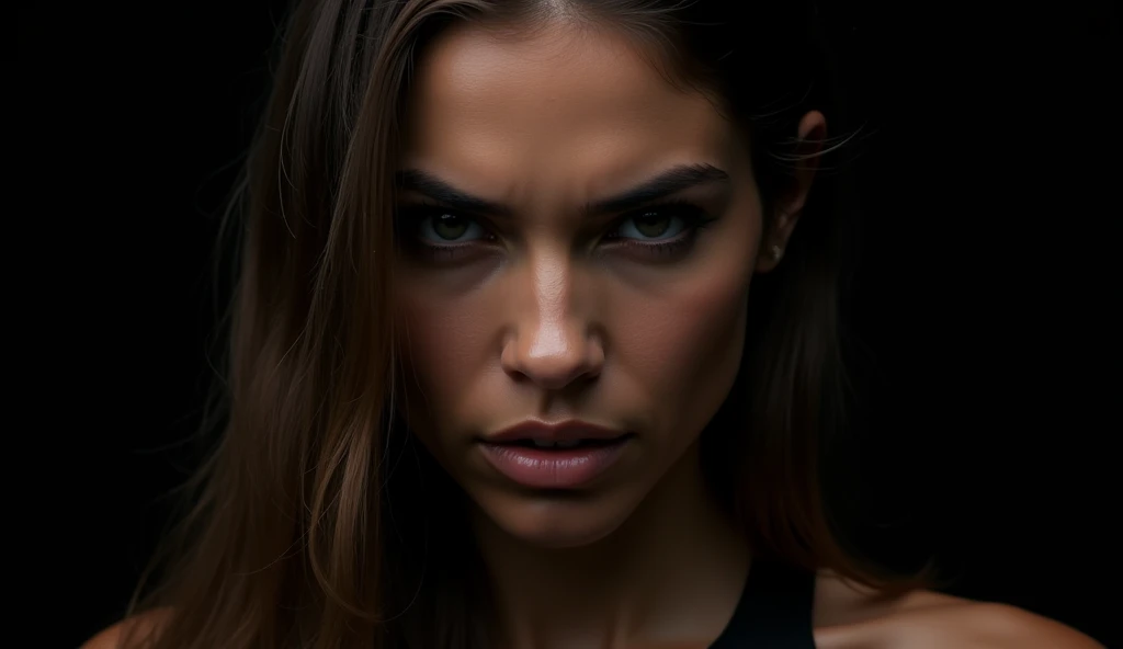 (masterpiece, best quality:1.2), (8K HD, ultra-realistic, hyper-detailed:1.3), a close-up shot of a fierce-looking woman with sharp, intense eyes, staring directly at the camera with confidence. She has long, straight hair, slightly tousled, framing her face. Her expression is bold and unyielding, as if challenging the viewer. The background is dark, almost black, making her face and features stand out dramatically under a focused, strong light. The lighting casts deep shadows, highlighting the contours of her face, giving her a powerful and intimidating presence. The overall mood is intense, with a sense of defiance and empowerment.