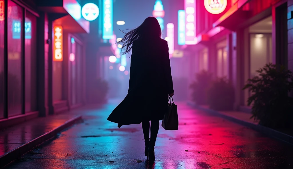 (masterpiece, best quality:1.2), (dark environment, vibrant neon lights:1.3), (woman walking towards light, silhouette glowing with colors:1.3), (straight long hair, black or dark brown:1.2), (hair lightly swaying, reflecting neon lights:1.2), (long coat, black or dark gray:1.3), (knee-length coat, dramatic movement:1.2), (black slim pants:1.1), (heeled boots, black or dark brown:1.2), (large bag, held in one hand:1.2), (minimal jewelry, subtle earrings:1.1), (neon glow, colorful lighting:1.3), (8K, ultra-detailed, hyper-detailed, RAW photo quality, Unreal Engine rendering:1.3)
