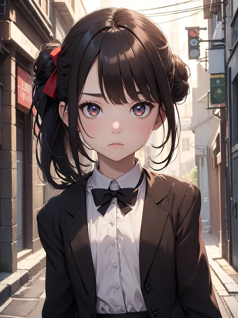 (8K, Best Quality, Masterpiece, Ultra High Resolution) Single Person, 1 Girl, , Young, Small Child, Cute Eyes, Face Details, Pale Skin, Slender, Short, Flat Chest, Dark Black Hair, Hair Bun, Brown Eyes, Hair Bow, Dark Alleyway, Best Quality, Upper Body, Looking at the Viewer, Facing Viewer, Close Up