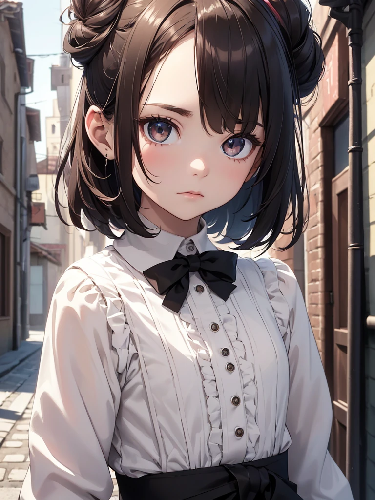 (8K, Best Quality, Masterpiece, Ultra High Resolution) Single Person, 1 Girl, , Young, Small Child, Cute Eyes, Face Details, Pale Skin, Slender, Short, Flat Chest, Dark Black Hair, Short Hair, Brown Eyes, Hair Bow, Dark Alleyway, Best Quality, Upper Body, Looking at the Viewer, Facing Viewer, Close Up