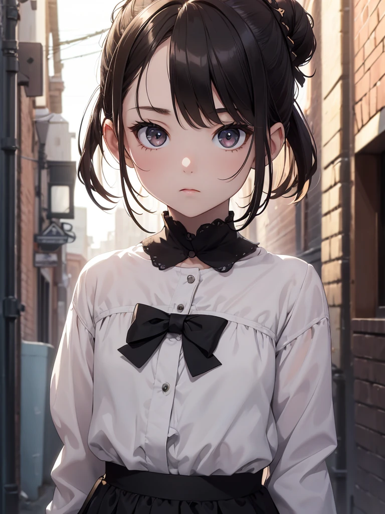 (8K, Best Quality, Masterpiece, Ultra High Resolution) Single Person, 1 Girl, , Young, Small Child, Cute Eyes, Face Details, Pale Skin, Slender, Short, Flat Chest, Dark Black Hair, Hair Bun, Brown Eyes, Hair Bow, Dark Alleyway, Best Quality, Upper Body, Looking at the Viewer, Facing Viewer, Close Up