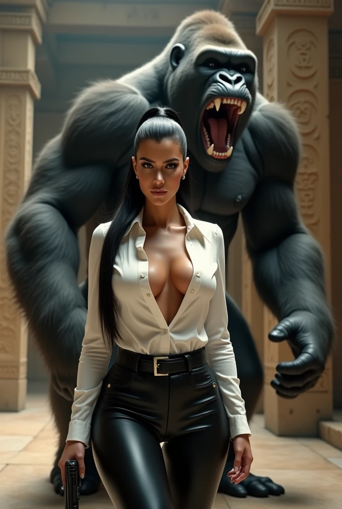 Kim Kardashian with long straight black hair in a ponytail in a white shirt with buttons with sleeves and not belly-free, generous cleavage,in very tight black leather pants , she aims a gun at someone, in a temple, Behind her a gorilla attacks her with an open mouth and sharp teeth , the gorilla swings a fist at her